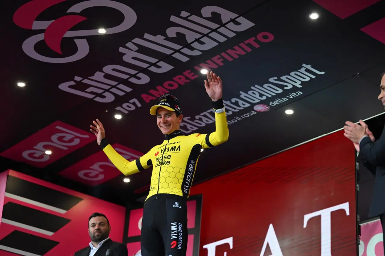 A TvL rider smiles having won a stage of the Giro. We hope to see scenes like this again at the Giro d'Italia 2026