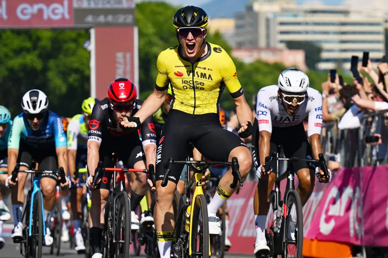 A TvL rider celebrates having won the Giro. It is hoped that the same will happen at the Giro d'Italia 2026