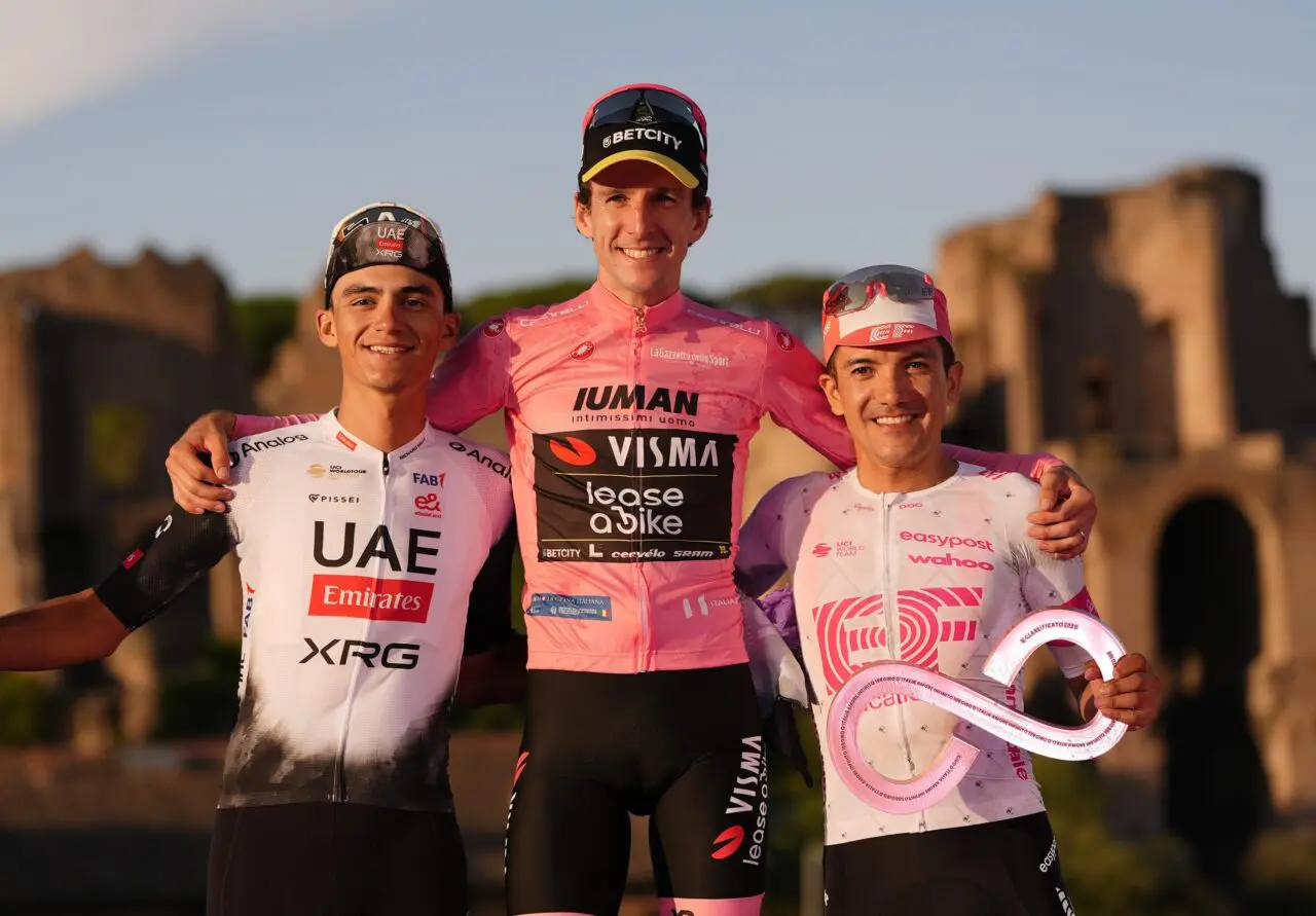 Simon Yates of TvL poses with podium riders having won the Giro d'Italia. Witness TvL attempt to win the Giro d'Italia 2026 with their experience packages
